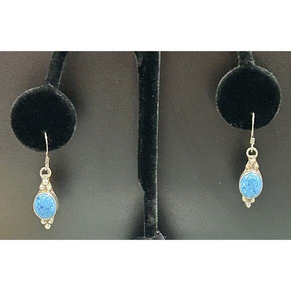 VTG Navajo Runnning Bear Sterling Silver Larimar Teardrop Dangle Earrings Signed - Picture 1 of 13
